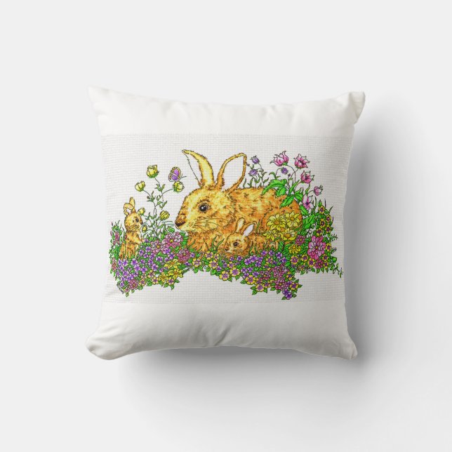 Coussin Bunnies Springtime dans un champ de fleurs (Recto)