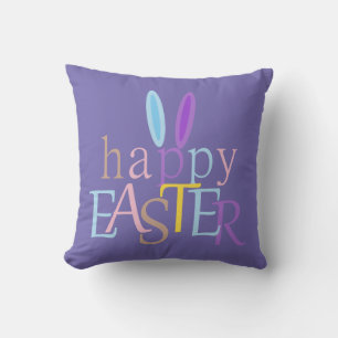 Coussin Bunny amusant et coloré Joyeux Pâques sur violet
