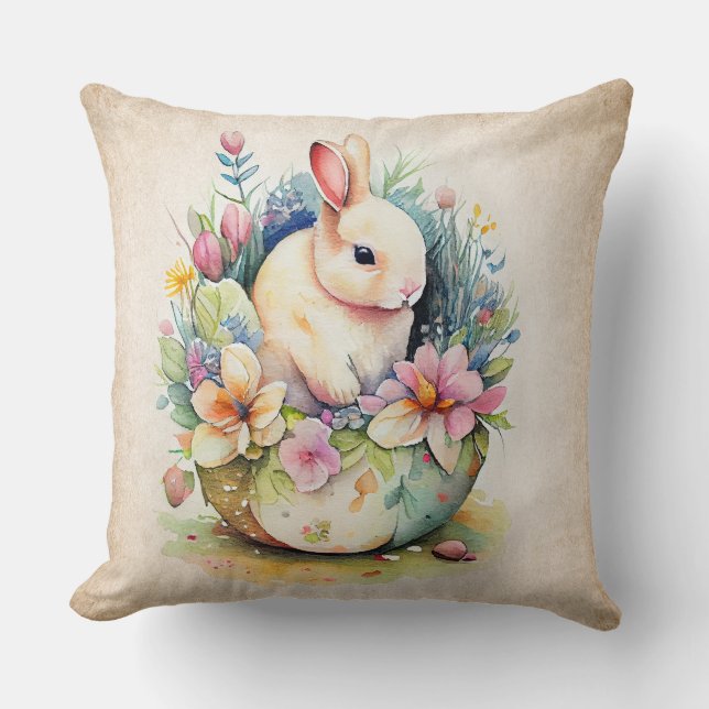 Coussin Bunny blanc vintage avec fleurs (Recto)