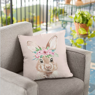 Coussin Bunny D'Aquarelle Rose Pastel Moderne Avec Fleurs