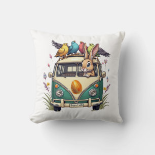 Coussin Bunny de Pâques dans un bus avec des amis d'oiseau