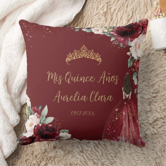 Coussin Burgundy Blush Floral Or Quinceañera Keepsaké (Couverture)