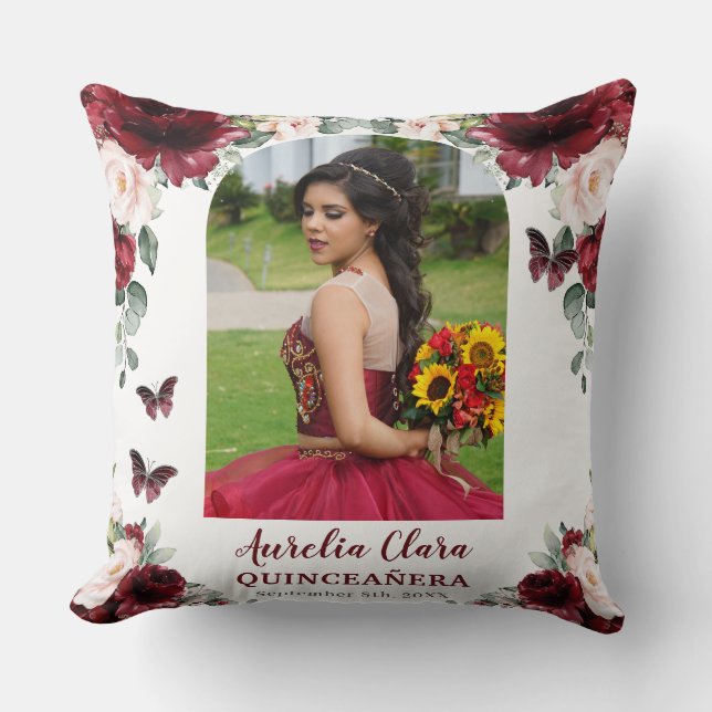 Coussin Burgundy Blush Floral Quinceañera (Recto)
