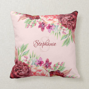 Coussin Burgundy Blush Nom Floral Monogramme