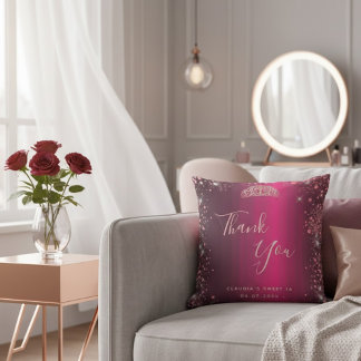 Coussin Burgundy Rose Gold Floral Sweet 16 Thank You