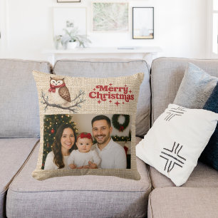 Coussin Burlap en beige photo chouette Noël