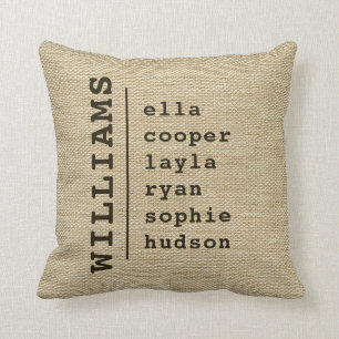 Coussin Burlap FAMILLE NOM ENFANTS NOMS ENFANTS Script