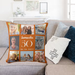 Coussin Burnt orange personnalisé photo collage anniversai<br><div class="desc">Un cadeau unique pour un 21ème anniversaire, célébrant sa vie avec un collage de 8 de vos propres photos, photos. Personnalisez et ajoutez son nom, son âge et sa date. Une couleur d'arrière-plan orange brûlée, du texte blanc. Le nom est écrit avec un script de style moderne écrit à la...</div>