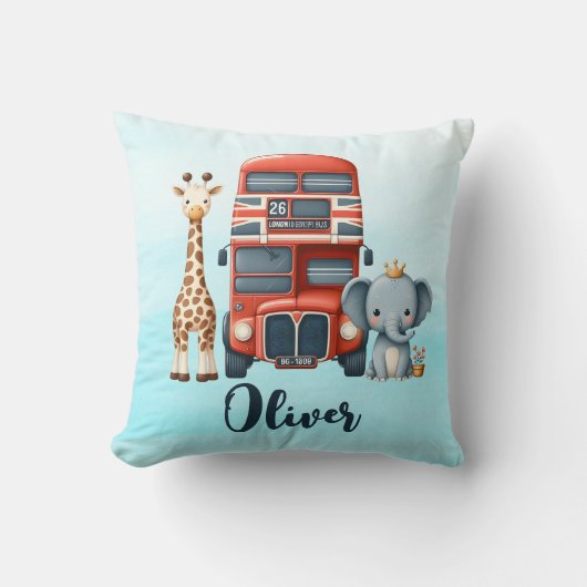 Coussin Bus londonien fantaisiste avec girafe et éléphant (Recto)