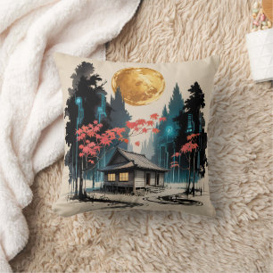 Coussin Cabane au clair de lune, forêt japonaise, art (9)