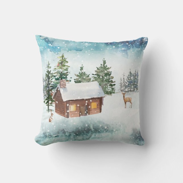 Coussin Cabane Cosy Hiver Aquarelle (Recto)