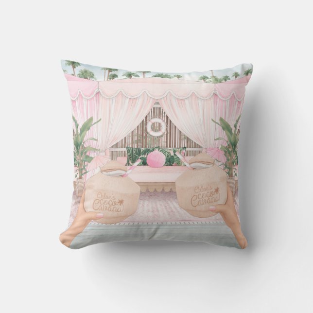 Coussin Cabane rayée rose et blanc Cocotier personnalisé (Recto)