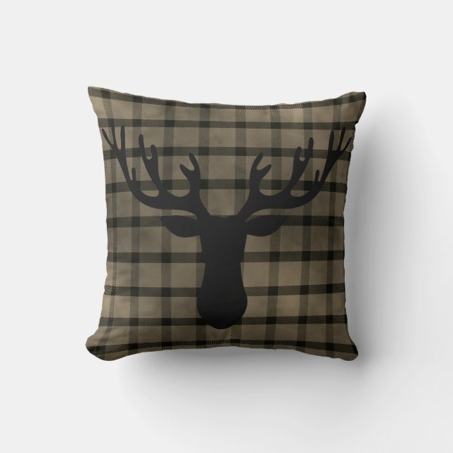Coussin Cabane Rustique Carreaux Silhouette de Cerf (Recto)