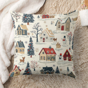 Coussin Cabanes enneigés de Noël vintage rouge marine