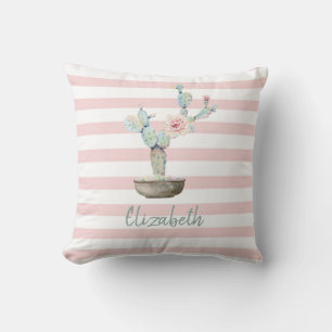 Coussin Cactus à l'aquarelle chic, rayures roses