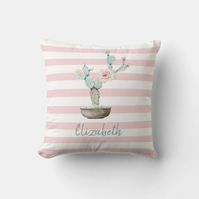 Coussin Cactus à l'aquarelle chic, rayures roses (Recto)