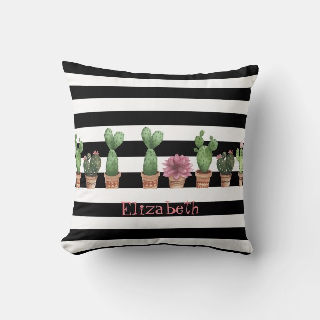 Coussin Cactus à l'aquarelle, Rayures blanches et noires P (Recto)