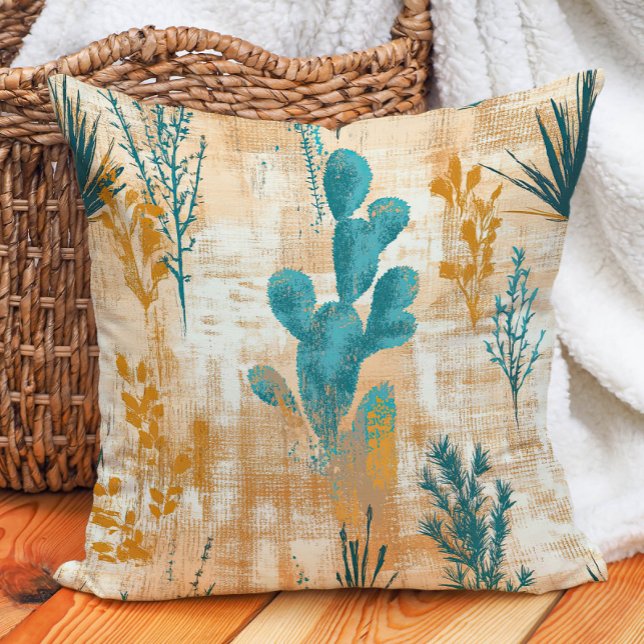 Coussin Cactus de désert Taupe sarcelle Maison de ferme ru (Teal Taupe Rustic Farmhouse Desert Cactus Throw Pillow)