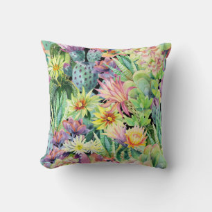 Coussin Cactus en floraison, motif aquarelle transparent.