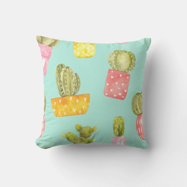 Coussin Cactus épineux dans les pots, motif aquarelle. (Recto)