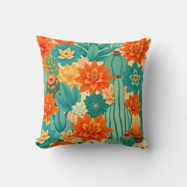 Coussin Cactus fleuri désert orange sarcelle (Recto)