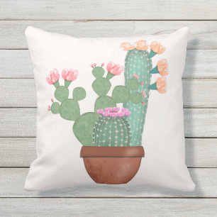Coussin Cactus Fleuris en Pot Aquarelle