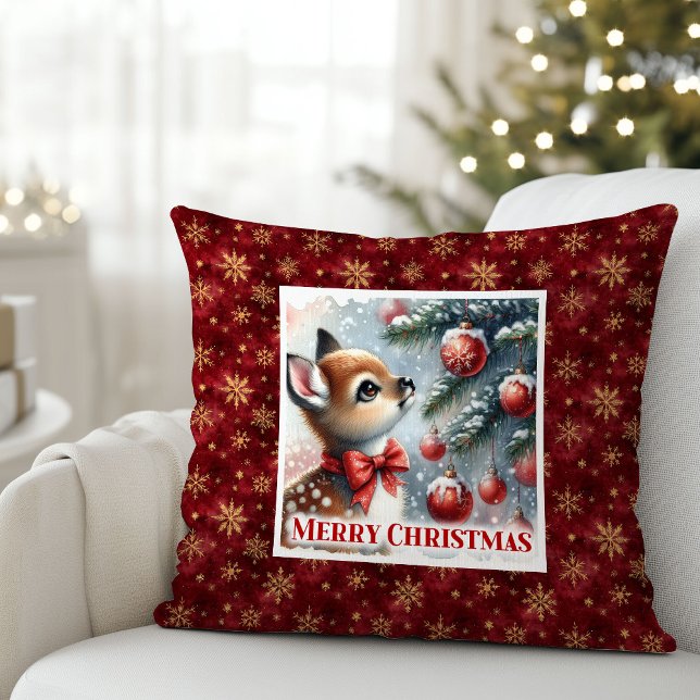 Coussin Cadeau de forêt enneigée magique pour bébé cerf ch (Magical snowy forest baby deer gift for kids room decor)