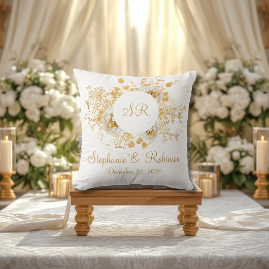 Coussin Cadeau de mariage à logo de monogramme floral or