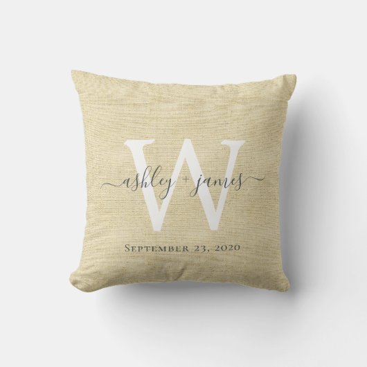 Coussin Cadeau de mariage en lin beige avec monogramme bla (Recto)
