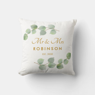 Coussin Cadeau de mariage Eucalyptus Gold Script Mr et Mrs