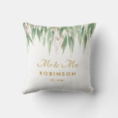 Coussin Cadeau de mariage Eucalyptus Gold Script Mr et Mrs (Verso)