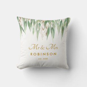 Coussin Cadeau de mariage Eucalyptus Gold Script Mr et Mrs