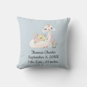 Coussin Cadeau de naissance bleu lama blanc pour garçon