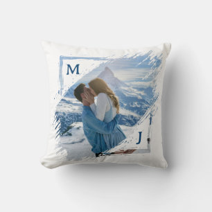 Coussin Cadeau de photo de couple bleu Premier Noël Fiancé