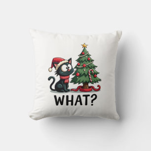Coussin Cadeau drôle de chat noir renversant un sapin de N