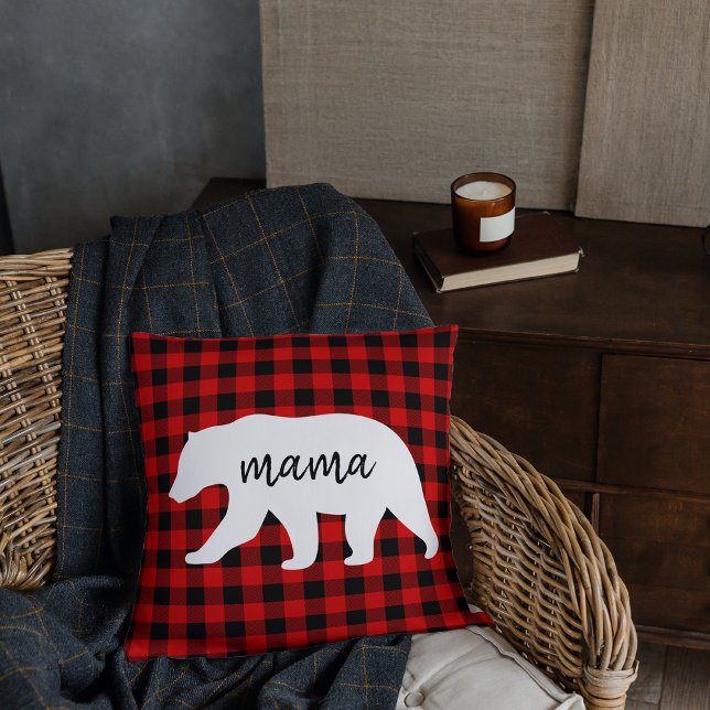 Coussin Cadeau moderne Rouge Plaid Et Blanc Mama Ours (Créateur téléchargé)