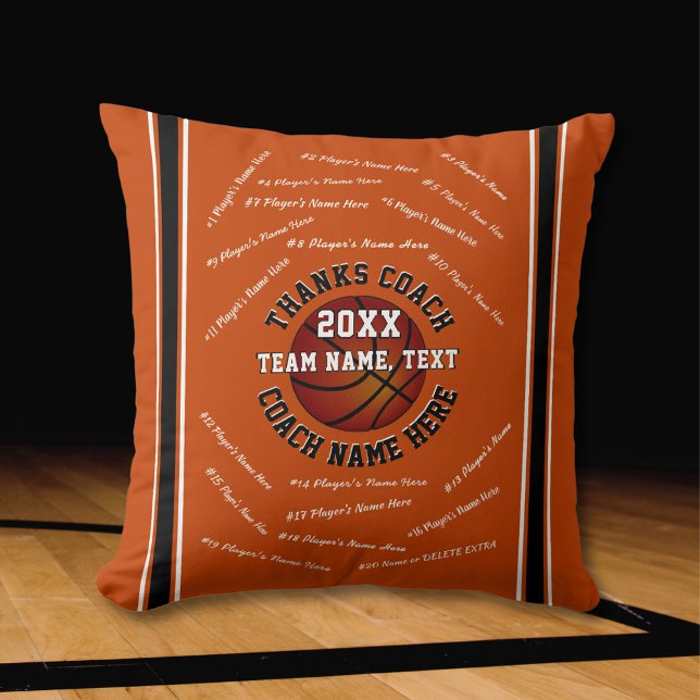 Coussin Cadeaux cool pour entraîneurs de basket-ball dans  (Basketball Pillow for Coaches. Personalised Basketball Coach Gifts. Orange, White and Black. )