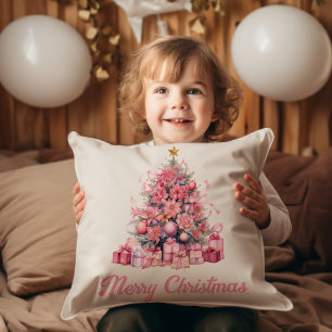 Coussin Cadeaux d'arbre de Noël rose Joyeux Noël