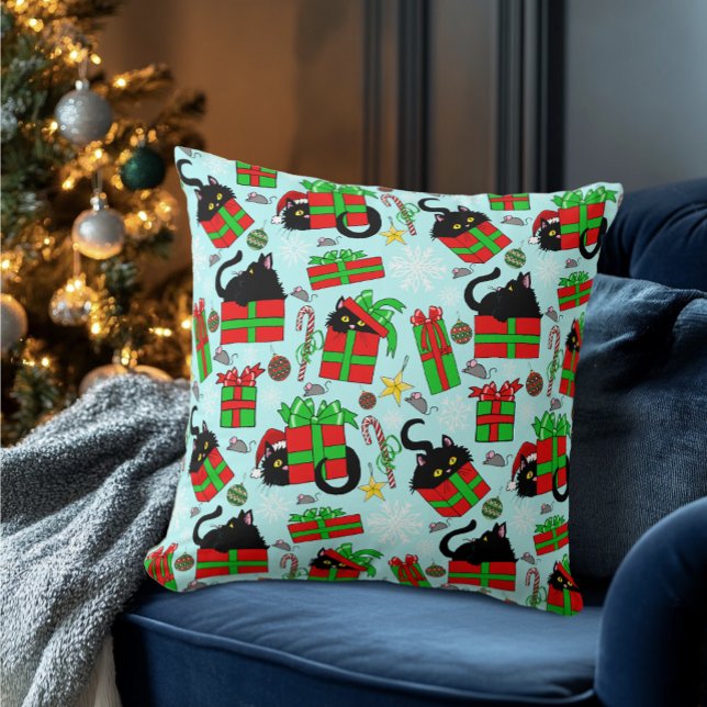 Coussin Cadeaux de Noël de chat noir (Créateur téléchargé)