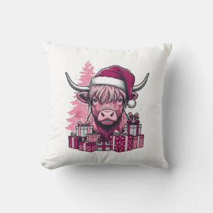 Coussin Cadeaux de Noël de vache des Highlands rose Art vi