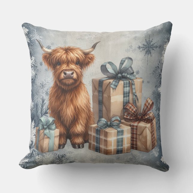 Coussin Cadeaux de vache Highland bleue d'hiver (Recto)