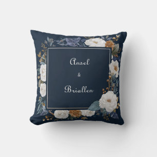 Coussin Cadre carré floral paonée bleu marine blanc or