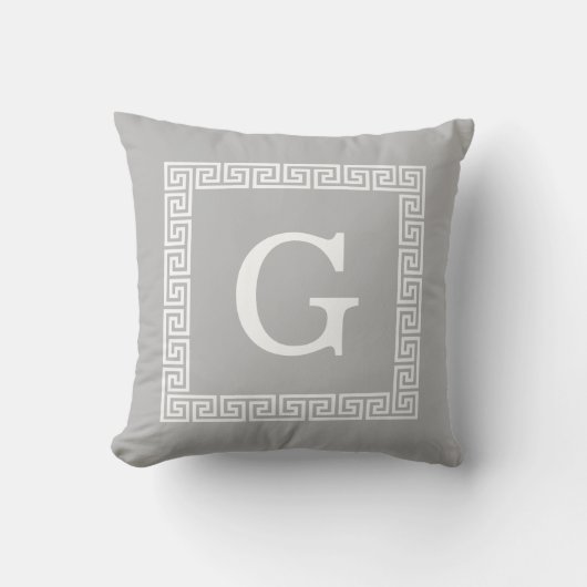 Coussin Cadre Clé Grecque Gris Blanc #1 Monogramme Initial (Recto)
