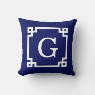 Coussin Cadre de clé grecque blanche marine #2 Monogramme 