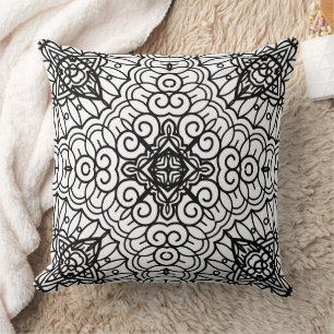 Coussin Cadre de motif mandala noir et blanc