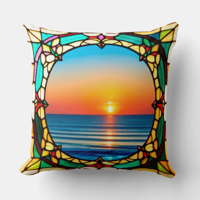 Coussin Cadre de vitrail encadrant un lever de soleil vibr (Recto)