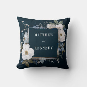 Coussin Cadre doré avec fleurs blanches sur fond bleu indi