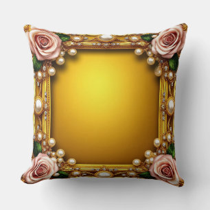 Coussin Cadre doré avec roses élégantes et perles