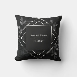 Coussin Cadre géométrique noir feuille d'eucalyptus argent