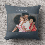 Coussin Cadre moderne | La famille est tout l'or photo<br><div class="desc">Cette élégante photo jetez l'oreiller avec votre photo préférée dans un cadre doré à côté de votre nom et date personnalisés sur bleu foncé et poussiéreux. Grand cadeau pour les vacances,  la fête des mères ou les Valentines !</div>